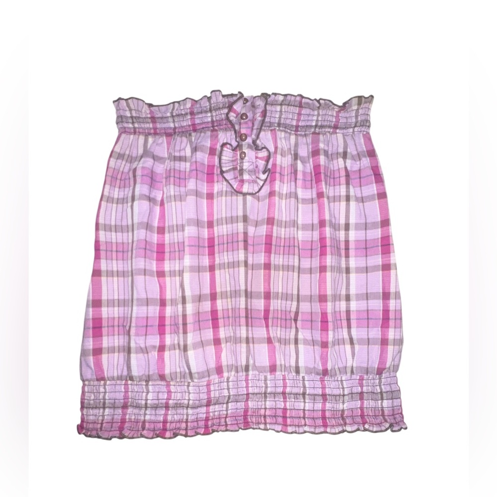Max Rave Pink Plaid Ruffled Tube Top Blouse Made in Vietnam